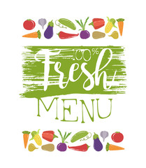 Fresh Menu Banner Template With Organic Vegetables Seamless Pattern, Helthy Vegetarian Food Vector Illustration