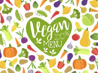Vegan Menu Banner Template With Fresh Organic Vegetables Seamless Pattern, Helthy Vegetarian Food Vector Illustration