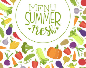 Fresh Summer Menu Banner Template With Organic Vegetables Seamless Pattern, Helthy Vegetarian Food Vector Illustration