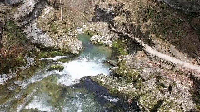 Aerial - Flying low above Soteska Vintgar. Gorge, Slovenia