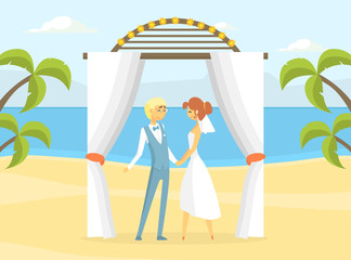 Obraz na płótnie Canvas Happy Just Married Couple at Wedding Ceremony, Romantic Bride and Groom Characters on Beach Resort Vector Illustration