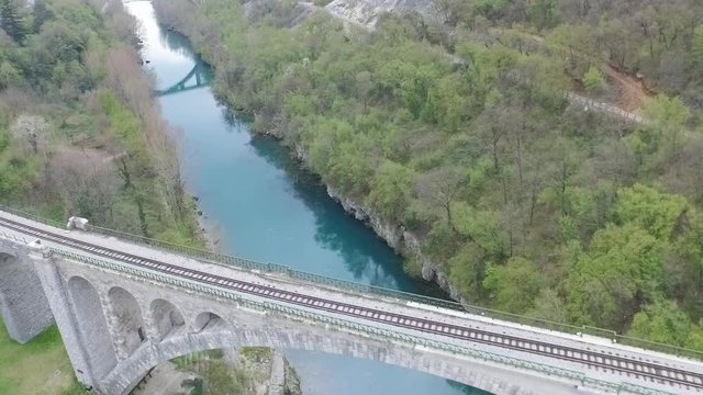 Aerial view of Solkan bridge above Isonzo (Soca) river. Slovenia