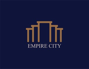 Logo of Ancient City and Building. Vintage Palace Icon Logo Illustration with Pillars Image Isolated On Dark Blue Background. Suitable for Buildings and Historic Sites Sign and Symbol.