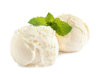 Scoops of delicious ice cream with mint on white background