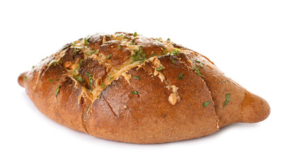 Delicious homemade garlic bread with herbs and cheese on white background
