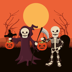 halloween dark scene with persons disguised