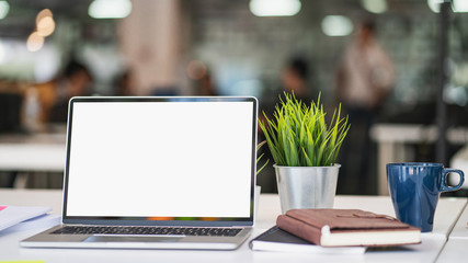 Table with laptop mock up Workplace Marketing Accounting business desk.