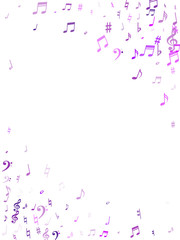 Violet flying musical notes isolated on white background.