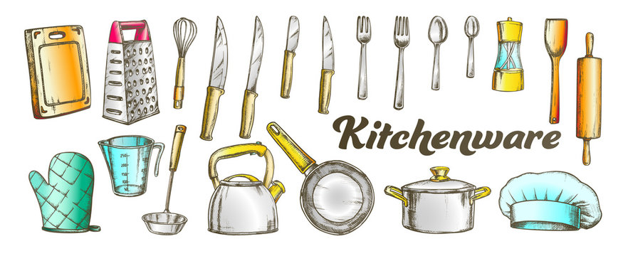 Kitchenware Utensils Collection Color Set Vector. Spoons And Forks, Chef Hat And Scapula, Rolling Pin And Teapot Kitchenware. Engraving Template Hand Drawn In Vintage Style Illustrations
