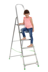 Fototapeta na wymiar Little girl sitting on ladder on white background. Danger at home