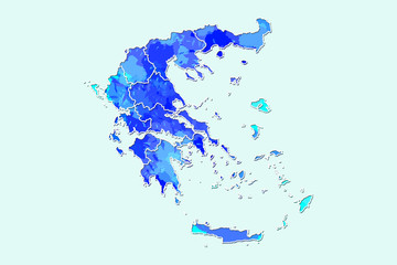Greece watercolor map vector illustration of blue color with border lines of different regions or provinces on light background using paint brush in page