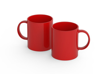 Blank red color ceramic mug cup a pair on white background
