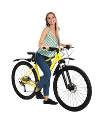 Happy young woman with bicycle on white background