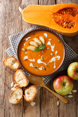 Pumpkin and apple soup with seeds, yogurt surrounded by ingredients close-up. Vertical top view