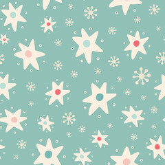 Christmas tossed star and snowflake seamless pattern background. Hand drawn seasonal vector repeat design in vintage colours.