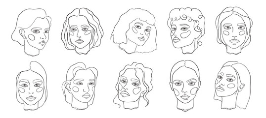 Abstract minamal face line art. Set elegant women sketch.
