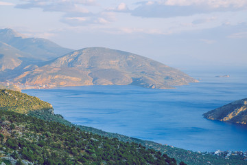 City Athens, Greek Republic. Mountains and water, blue sea. 13. Sep. 2019. Travel photo.