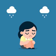 Sad and tired business woman with depression sitting on the floor, cartoon vector illustration.