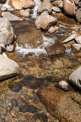 Fototapeta na wymiar stream with crystal clear water flow through the rocky creek on a sunny day
