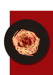 Abstract Bolognese Spaghetti Dish on Red Background