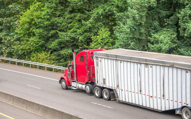 Bright red classic big rig semi truck transporting industrial cargo in covered bulk semi trailer running on the turning road with green trees on the side