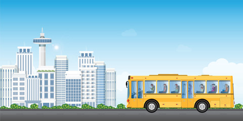 City transport service bus with passengers on cityview background.