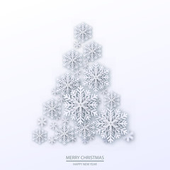 Christmas illustration with white three-dimensional tree. Vector