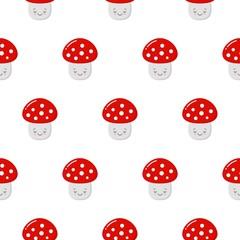 Cartoon Amanita muscaria fly agaric mushroom seamless pattern. Wild forest cute mushrooms vector illustration.