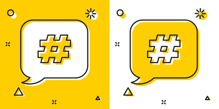 Black Hashtag speech bubble icon isolated on yellow and white background. Concept of number sign, social media marketing, micro blogging. Random dynamic shapes. Vector Illustration
