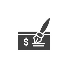 Cheque, signature vector icon. filled flat sign for mobile concept and web design. Dollar check with pen glyph icon. Bank and finance, pay symbol, logo illustration. Vector graphics