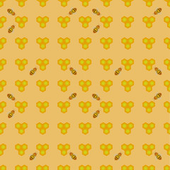  Seamless pattern: honeycombs and bees on a yellow background. Flat vector. Illustration