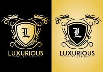 Luxurious logo with crest and custom brush swirl isolated on background. Letter logo, Initials logo, suitable for any company, ready to print, easy to edit.