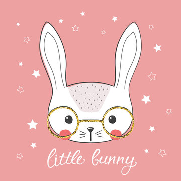 Cute little rabbit face with glasses. Little Bunny slogan. Vector illustration design for t-shirt graphics, fashion prints