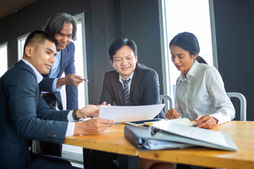 Team brainstorming process. Young business crew working with new startup project. Idea presentation, analyze marketing plans.