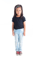 Fototapeta premium Full length of Little asian girl standing and smiling isolated over white background