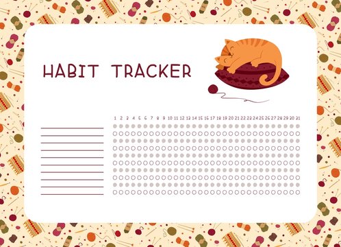 Habit tracker for month flat vector template. .Knitting themed blank, personal organizer with decorative frame. Adorable kitten sleeping on knitted pillow flat illustration with text space.
