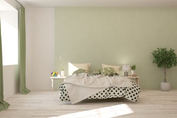 Stylish bedroom in green color. Scandinavian interior design. 3D illustration