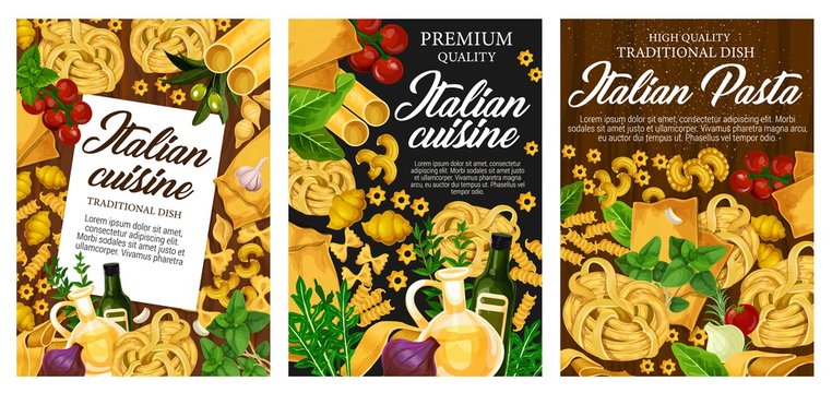 Italy cuisine pasta sorts, vector food menu