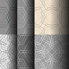 Set of abstract seamless patterns of different lines, which form geometric shapes. Background for business cards, websites, design of furniture and interior design. Vector illustration.