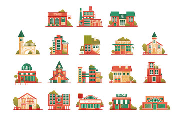 Urban and suburban buildings facade set, brick private houses and municipal public buildings vector Illustrations on a white background