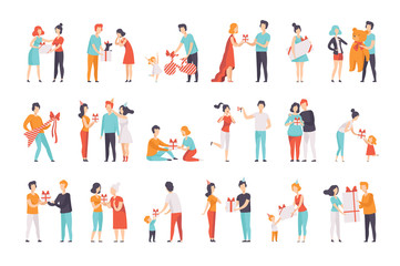 People giving and receiving gifts set, men, women and kids celebrating holidays vector Illustrations on a white background