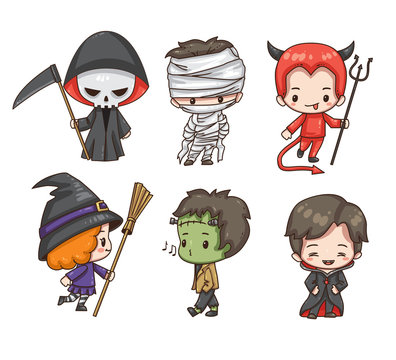Vector illustration of cute chibi character isolated on white background.  Cartoon kids in halloween costume.