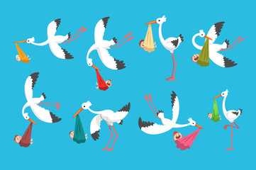White storks delivering newborn babies set, flying bird carrying bundles with kids, template for baby shower banner, invitation, poster, greeting card vector Illustration