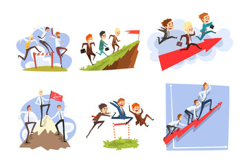 Fototapeta premium Businessmen overcoming obstacles to achieving the goals, teamwork, business, career development concept vector Illustration on a white background