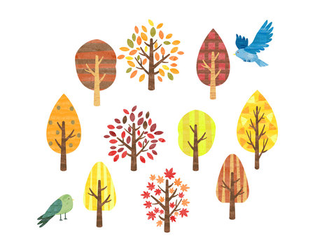  	手描き水彩風　秋のイメージ　木と小鳥