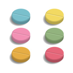 Set of medical colored tablets with shadow are isolated on white background. Round pills in 3D style. Side view. Realistic vector illustration