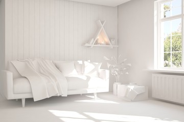 Mock up of stylish room in white color with sofa. Scandinavian interior design. 3D illustration