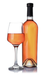 Glass and bottle of wine on white background
