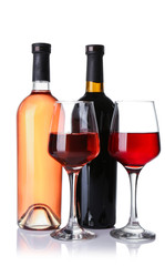 Glasses and bottles of different wine on white background