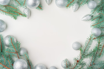 Fototapeta na wymiar Christmas mock up with pine branches on white background, copy space, flatlay